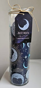 Blue crescent moon fig and vanilla glass tube candle with a 60 hour burn time 