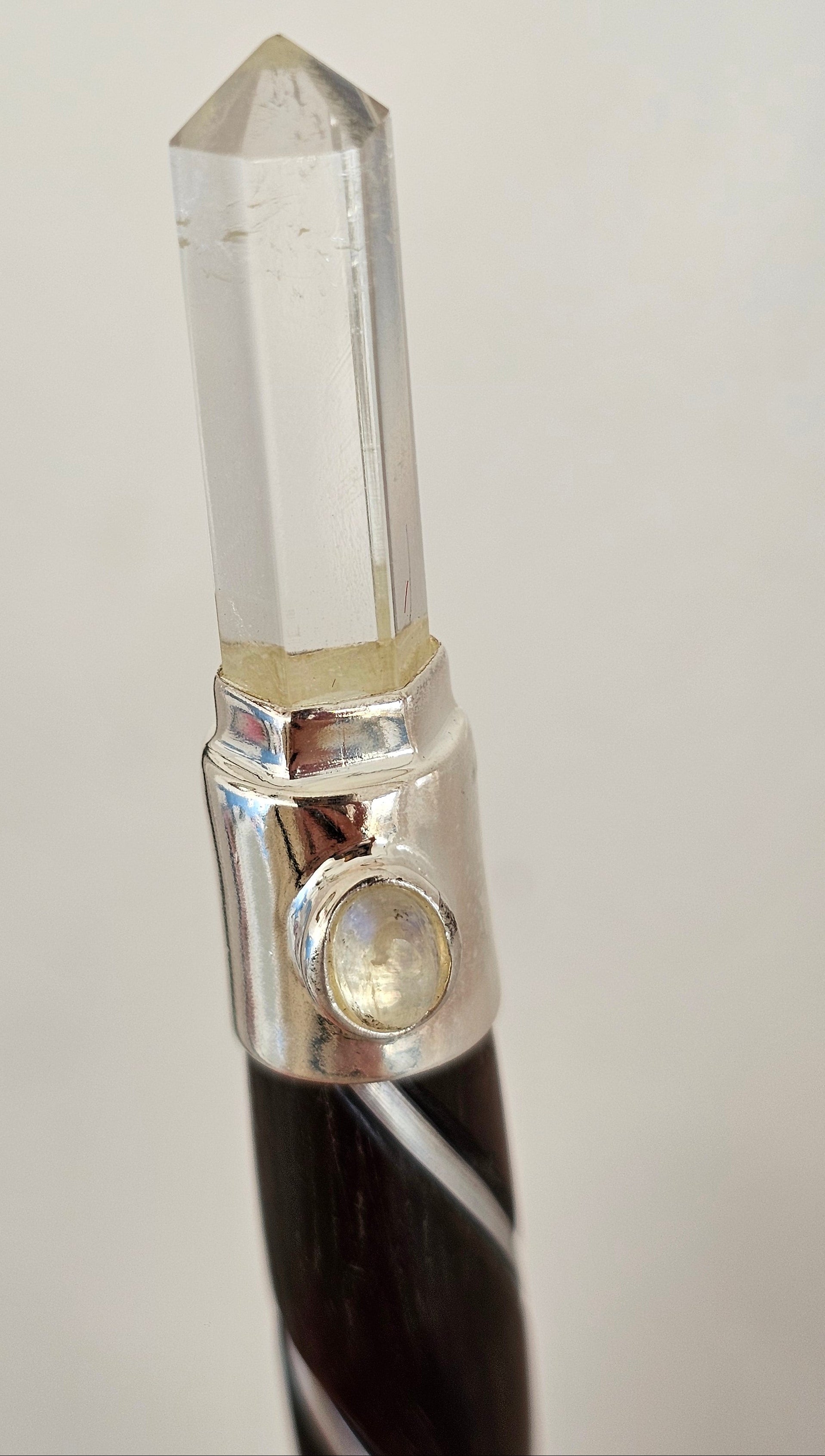 rosewood, clear quartz and rainbow moonstone wand 