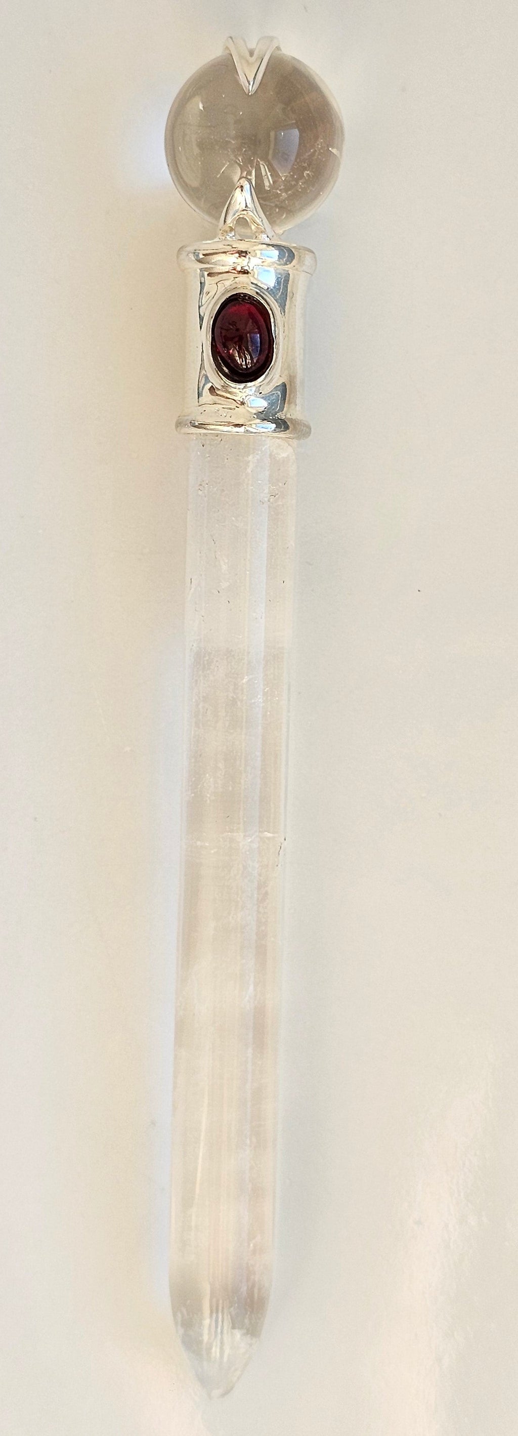 clear quartz and garnet crystal wand 