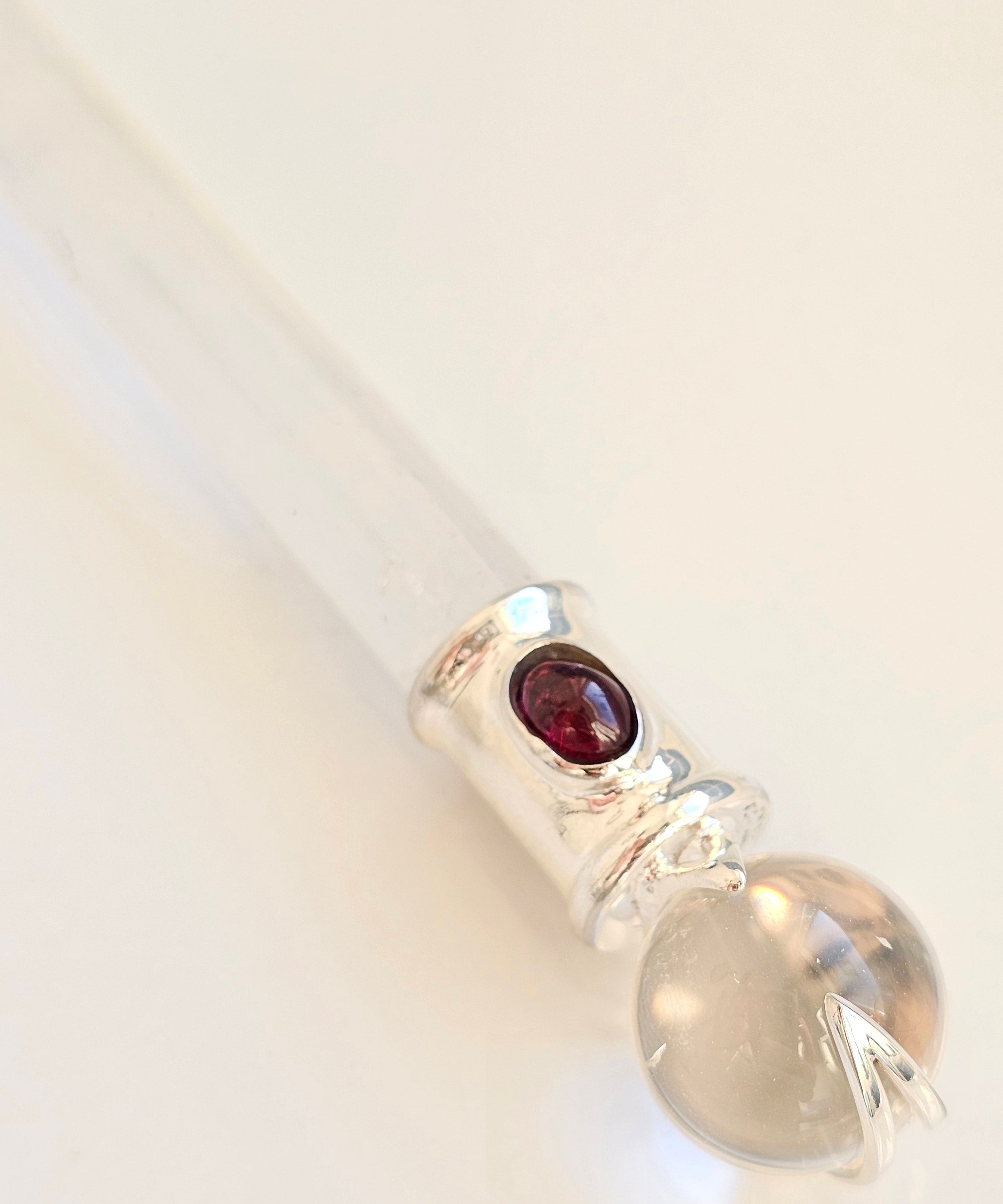 clear quartz and garnet crystal wand 