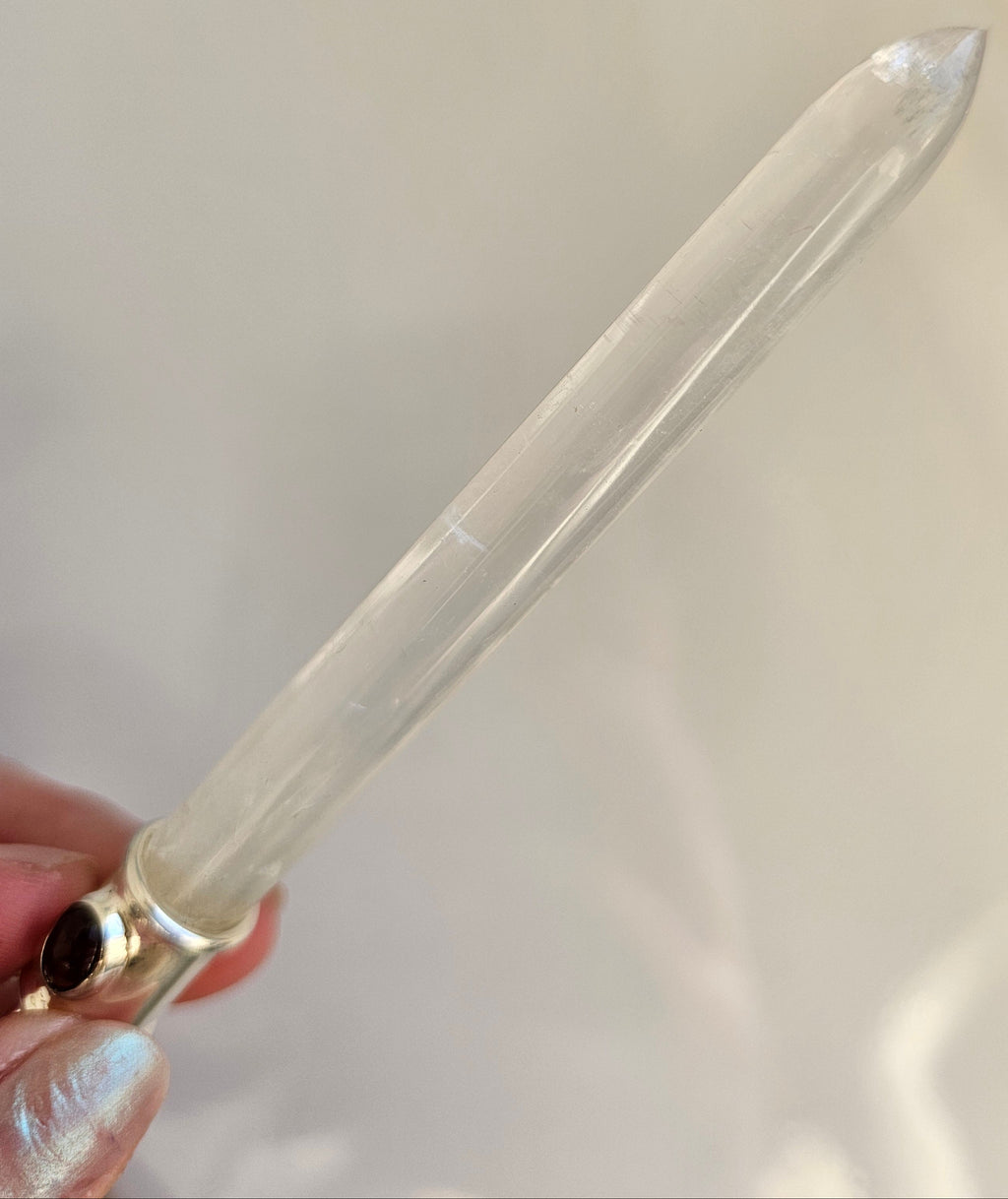 clear quartz and garnet crystal wand 