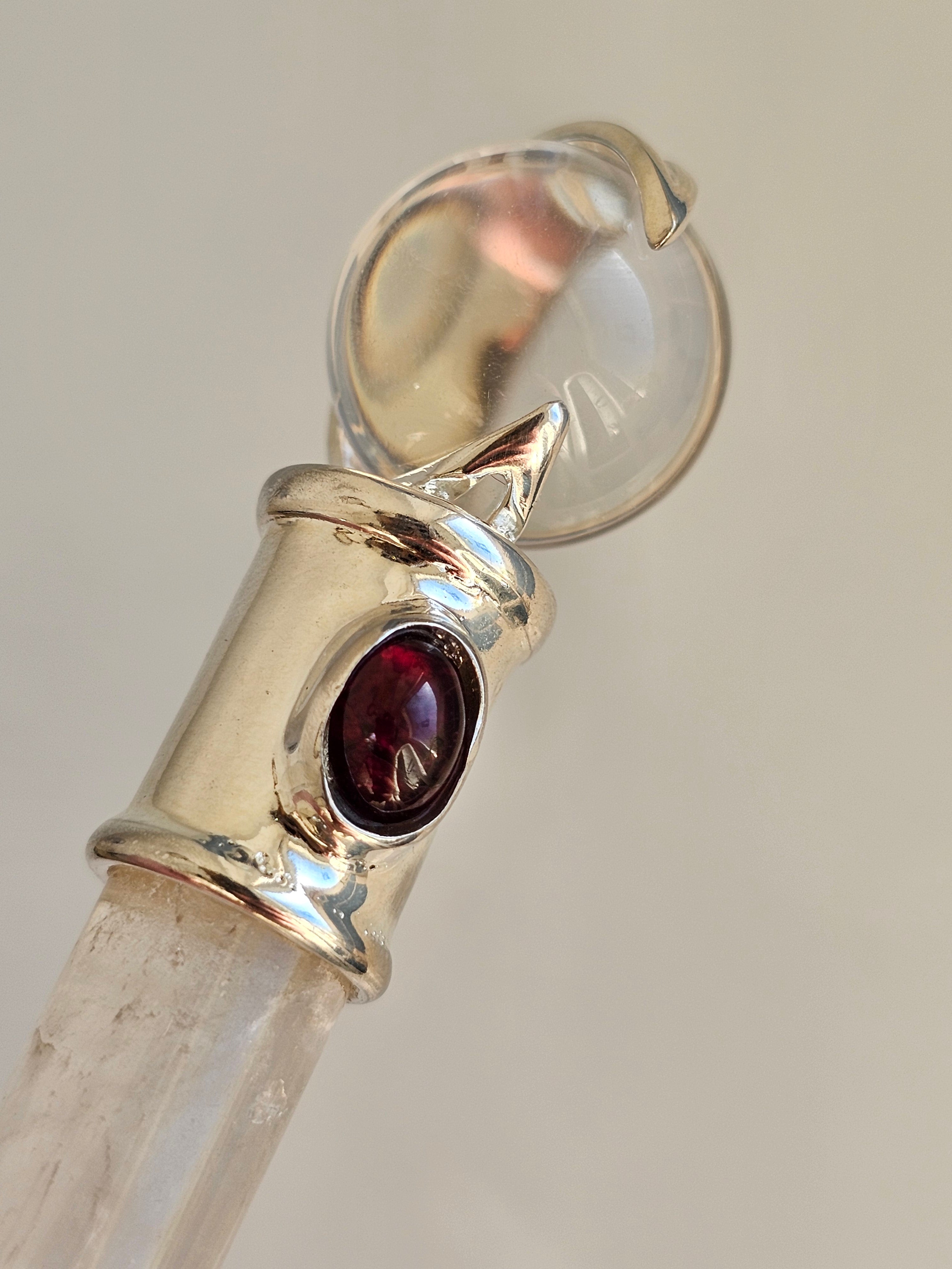 clear quartz and garnet crystal wand 