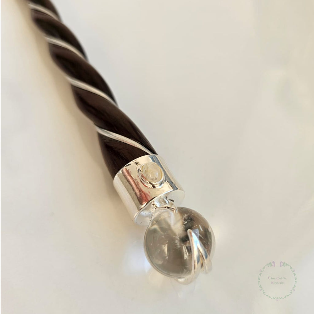 rosewood, clear quartz and rainbow moonstone wand 
