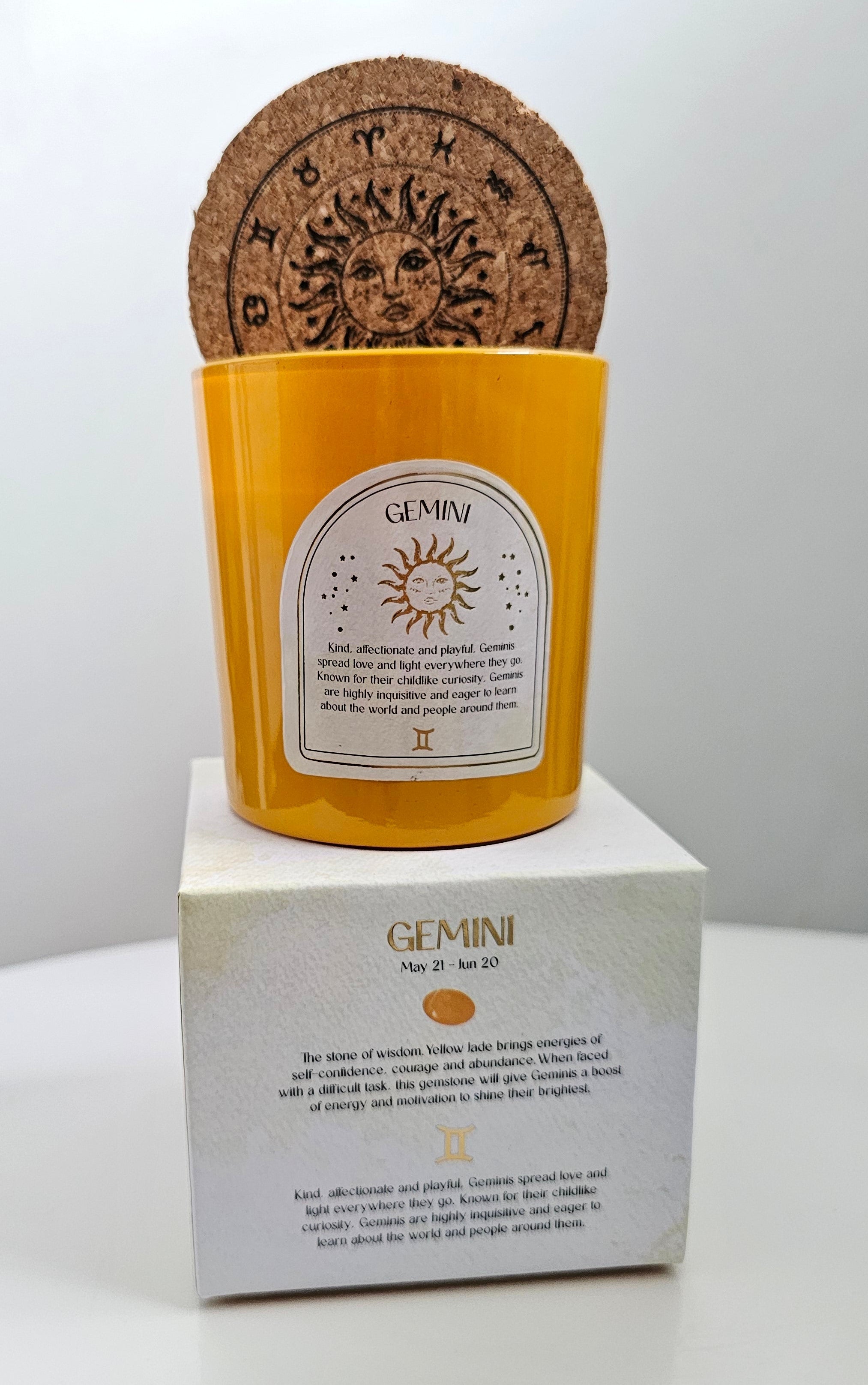 Gemini yellow zodiac candle with crystals 
