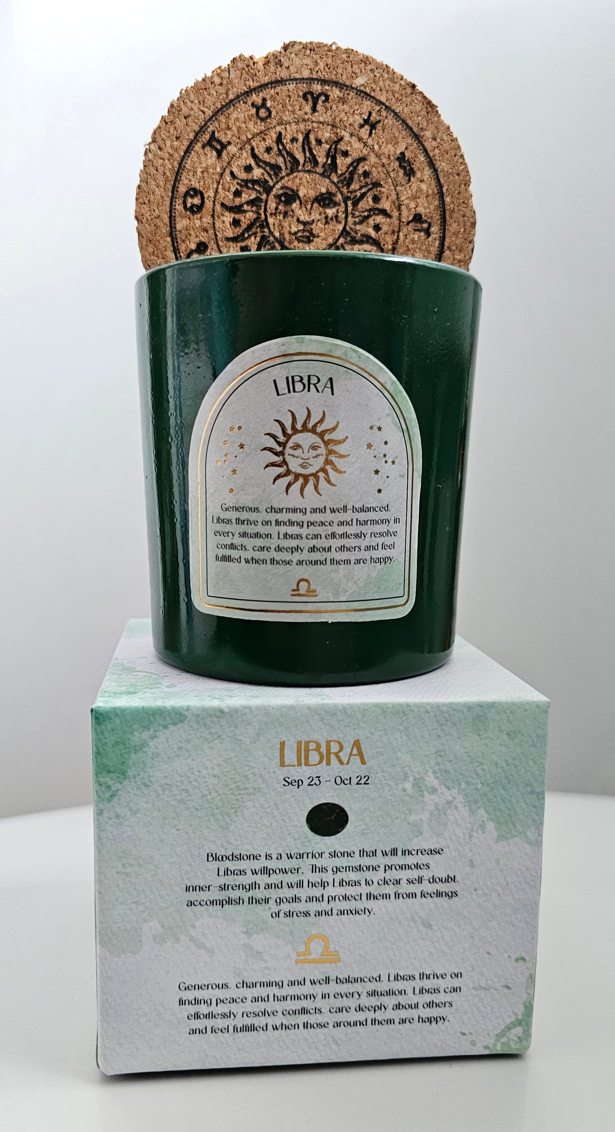 Libra dark green zodiac candle with crystals 