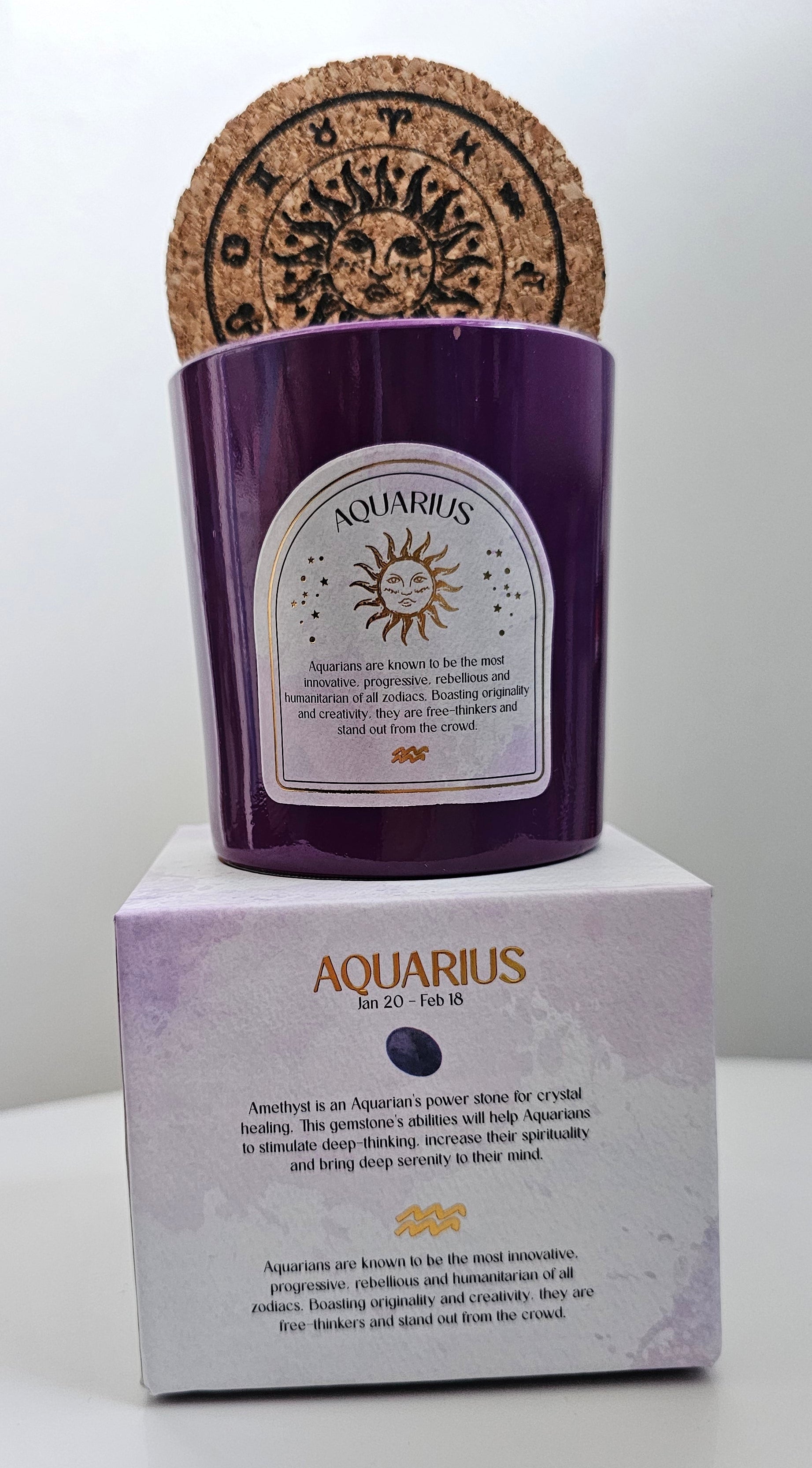 Aquarius purple zodiac candle with crystals 